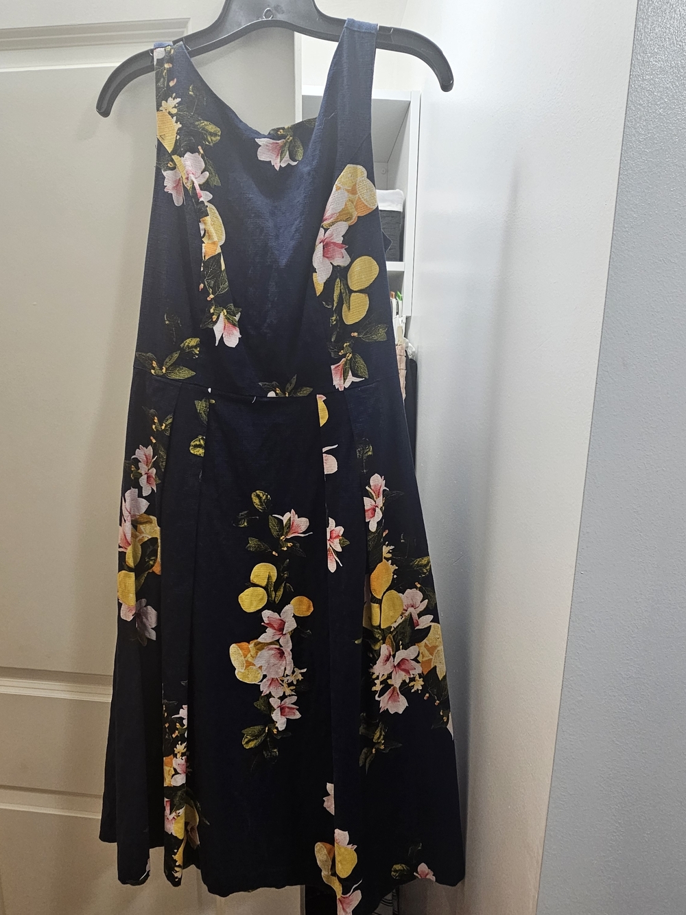 New York & Company Navy Floral Pinafore Dress with Yellow and Pink Blooms